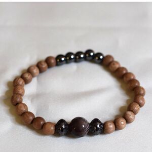 Intriguing Healing Wood Beads/ Agate Center/Black Hematite 6.5" Unisex Bracelet